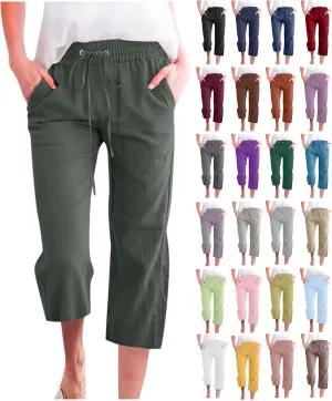 Capris Pants for Women Cotton Linen Casual Summer Plus Size Wide Leg Loose Drawstring Elastic Waist Cropped Trousers