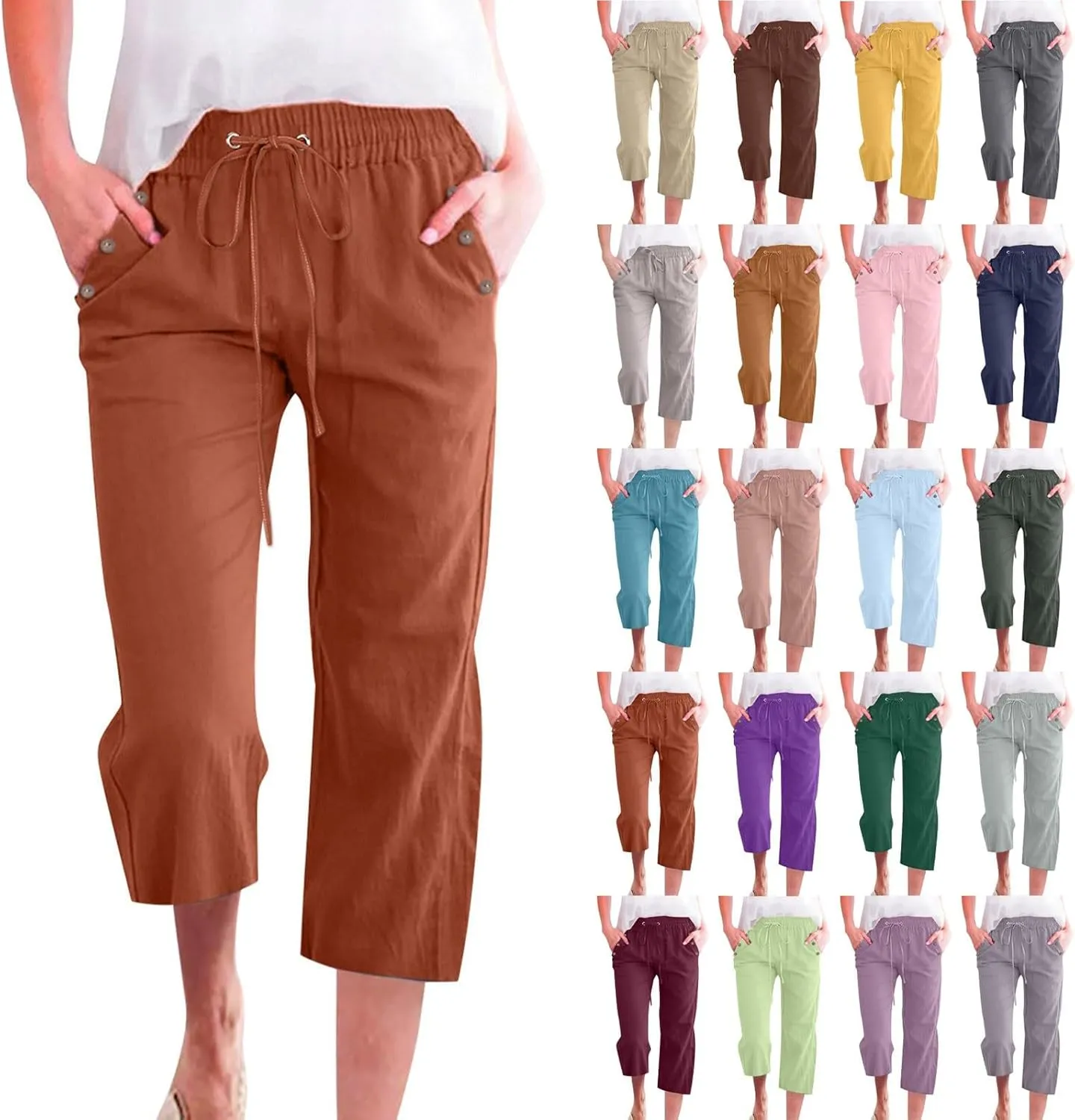 Capris Pants for Women Cotton Linen Casual Summer Wide/Straight Leg Loose Drawstring Elastic Waist Cropped Trousers