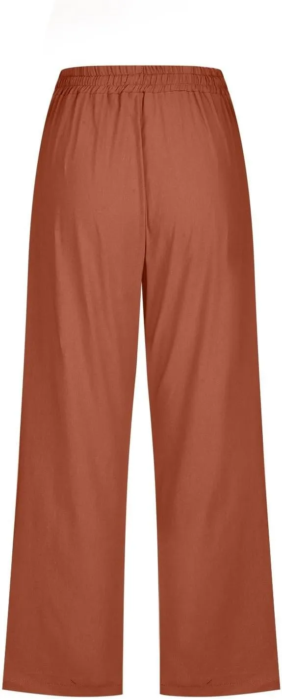 Capris Pants for Women Cotton Linen Casual Summer Wide/Straight Leg Loose Drawstring Elastic Waist Cropped Trousers