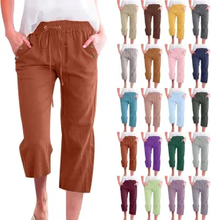 Capris Pants for Women Cotton Linen Casual Summer Wide/Straight Leg Loose Drawstring Elastic Waist Cropped Trousers