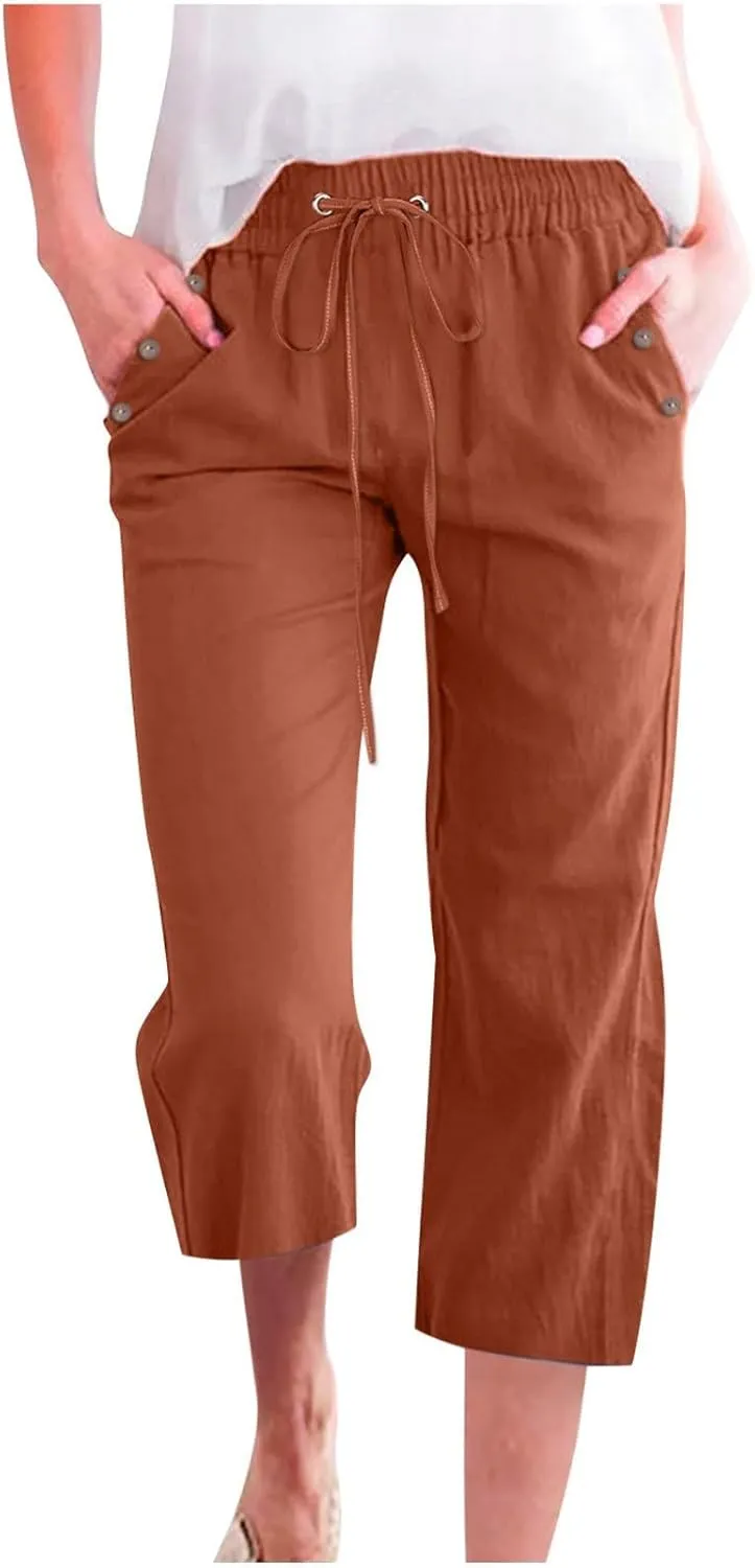 Capris Pants for Women Cotton Linen Casual Summer Wide/Straight Leg Loose Drawstring Elastic Waist Cropped Trousers