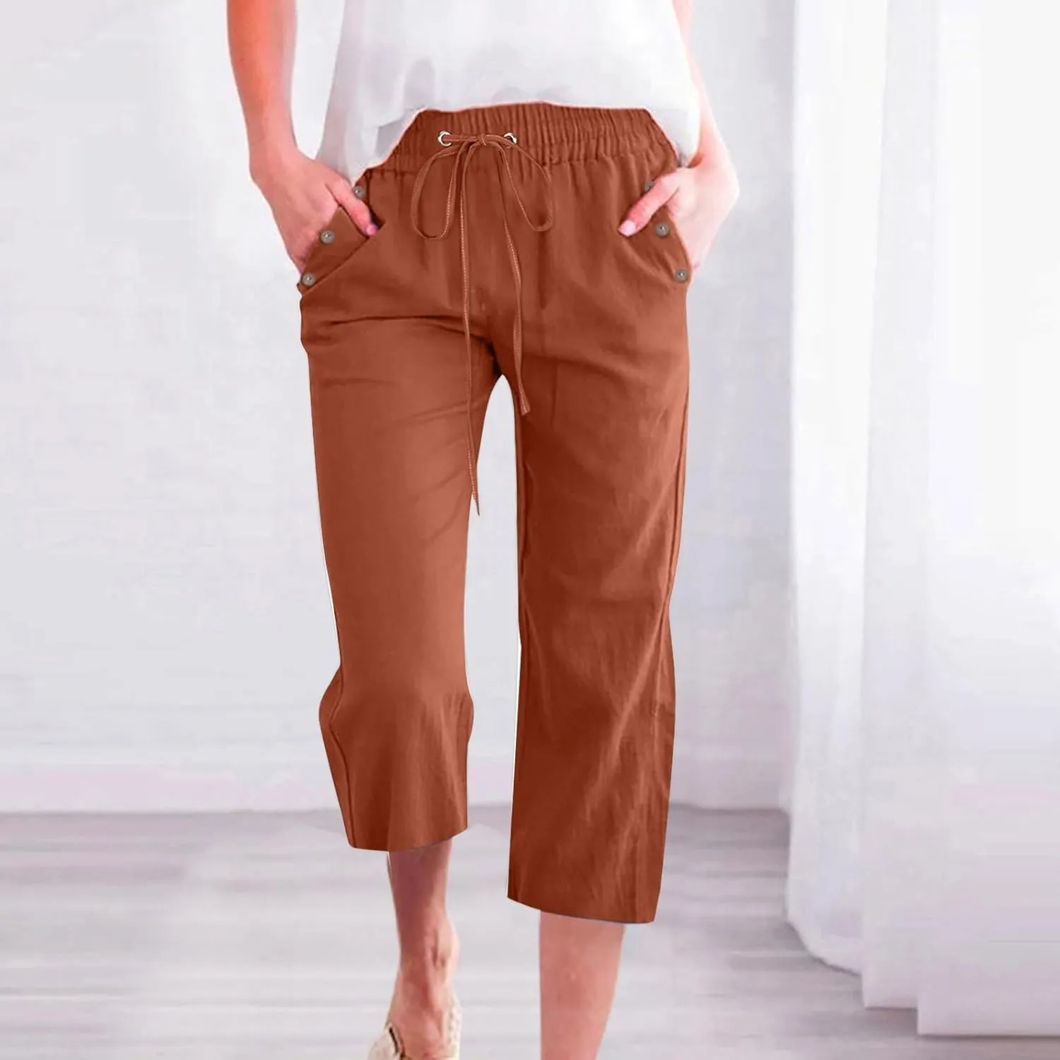 Capris Pants for Women Cotton Linen Casual Summer Wide/Straight Leg Loose Drawstring Elastic Waist Cropped Trousers