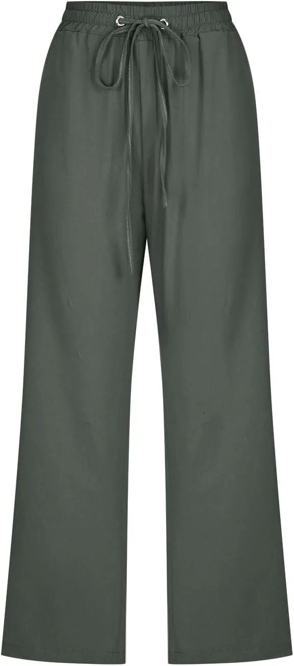 Capris Pants for Women Summer 2025 Plus Size Cotton Linen Pants Straight Leg Drawstring Elastic Waist Cropped Trouser
