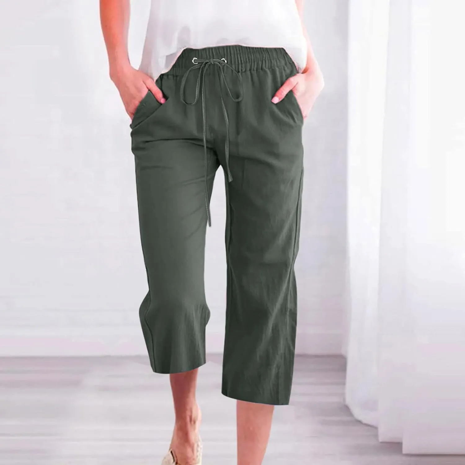 Capris Pants for Women Summer 2025 Plus Size Cotton Linen Pants Straight Leg Drawstring Elastic Waist Cropped Trouser