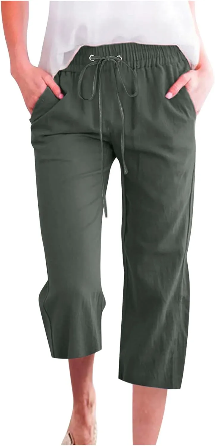 Capris Pants for Women Summer 2025 Plus Size Cotton Linen Pants Straight Leg Drawstring Elastic Waist Cropped Trouser