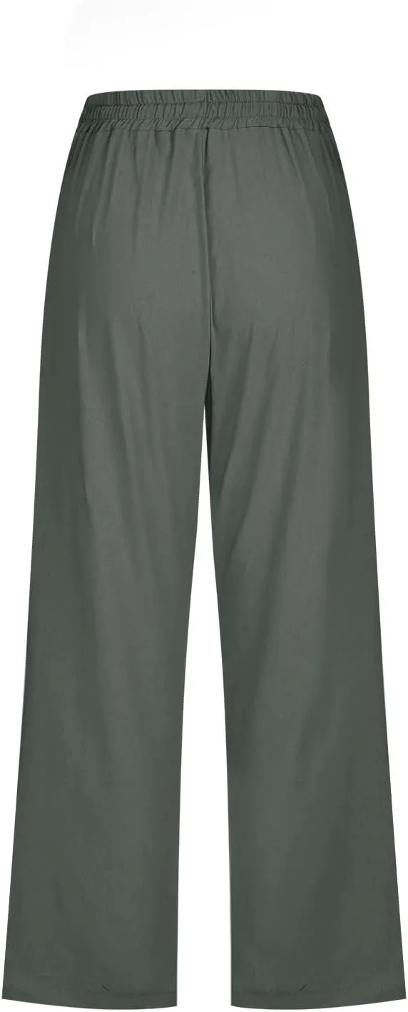 Capris Pants for Women Summer 2025 Plus Size Cotton Linen Pants Straight Leg Drawstring Elastic Waist Cropped Trouser