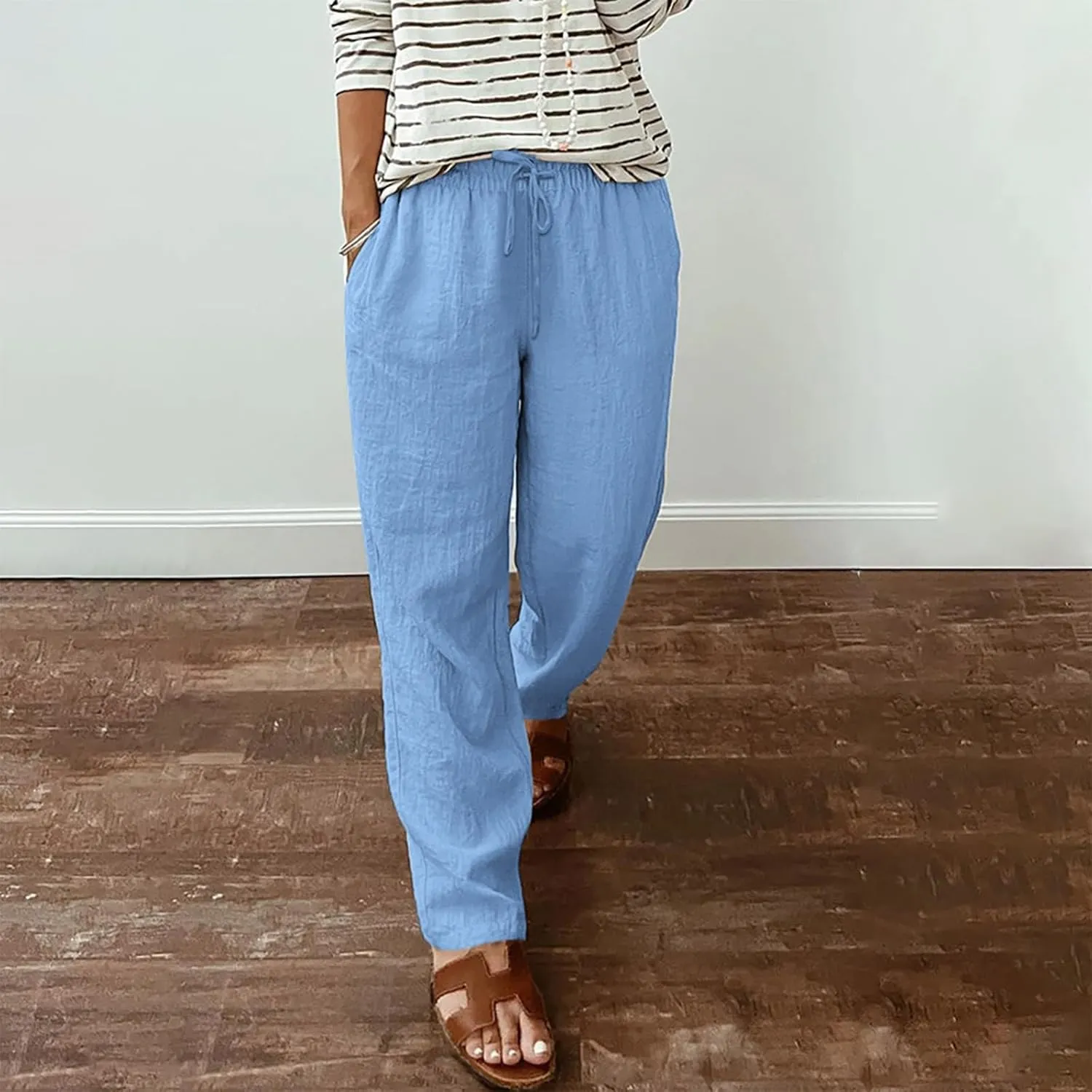 Casual Cotton Linen Pants Women Elastic High Waist Drawstring Tapered Leg Joggers Trousers Summer Beach Lounge Pants