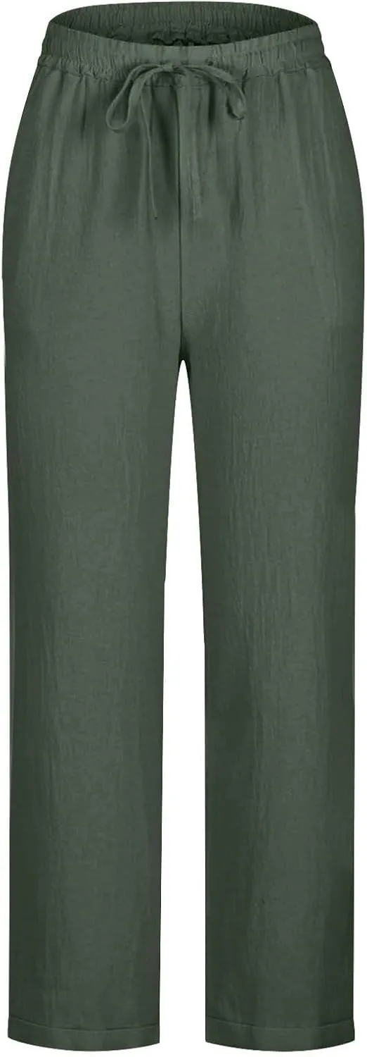 Casual Cotton Linen Pants Women Elastic High Waist Drawstring Tapered Leg Joggers Trousers Summer Beach Lounge Pants