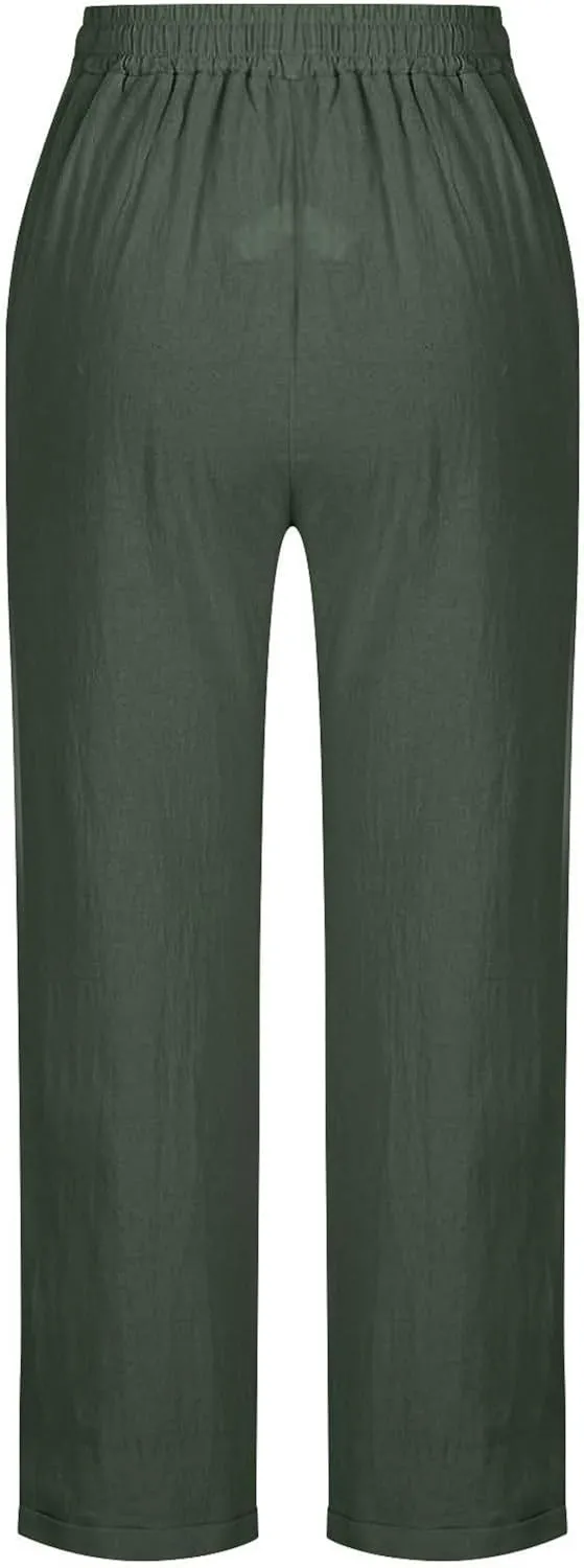 Casual Cotton Linen Pants Women Elastic High Waist Drawstring Tapered Leg Joggers Trousers Summer Beach Lounge Pants