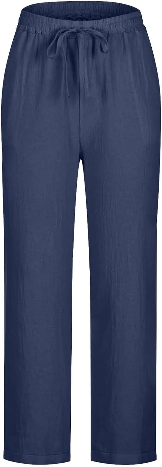 Casual Cotton Linen Pants Women Elastic High Waist Drawstring Tapered Leg Joggers Trousers Summer Beach Lounge Pants