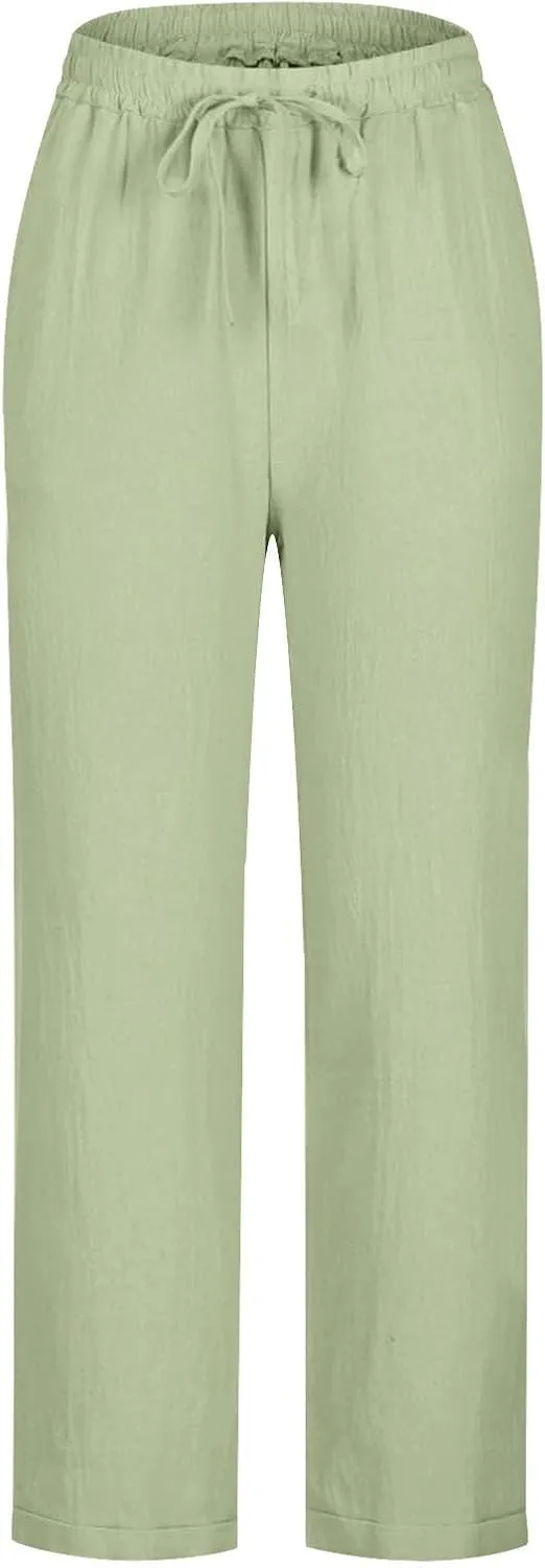 Casual Cotton Linen Pants Women Elastic High Waist Drawstring Tapered Leg Joggers Trousers Summer Beach Lounge Pants