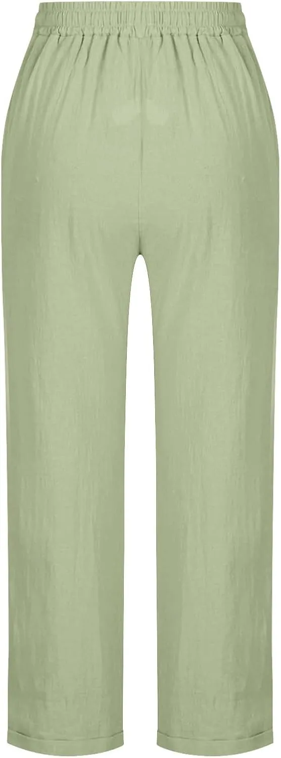 Casual Cotton Linen Pants Women Elastic High Waist Drawstring Tapered Leg Joggers Trousers Summer Beach Lounge Pants