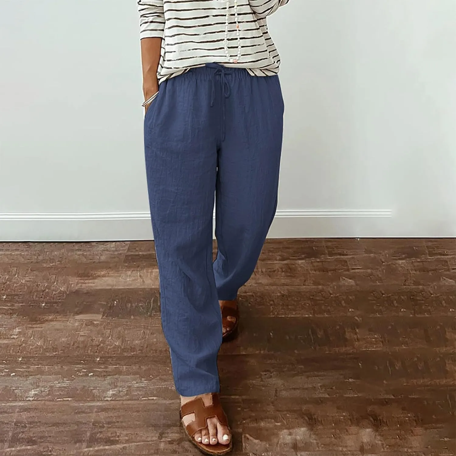 Casual Cotton Linen Pants Women Elastic High Waist Drawstring Tapered Leg Joggers Trousers Summer Beach Lounge Pants