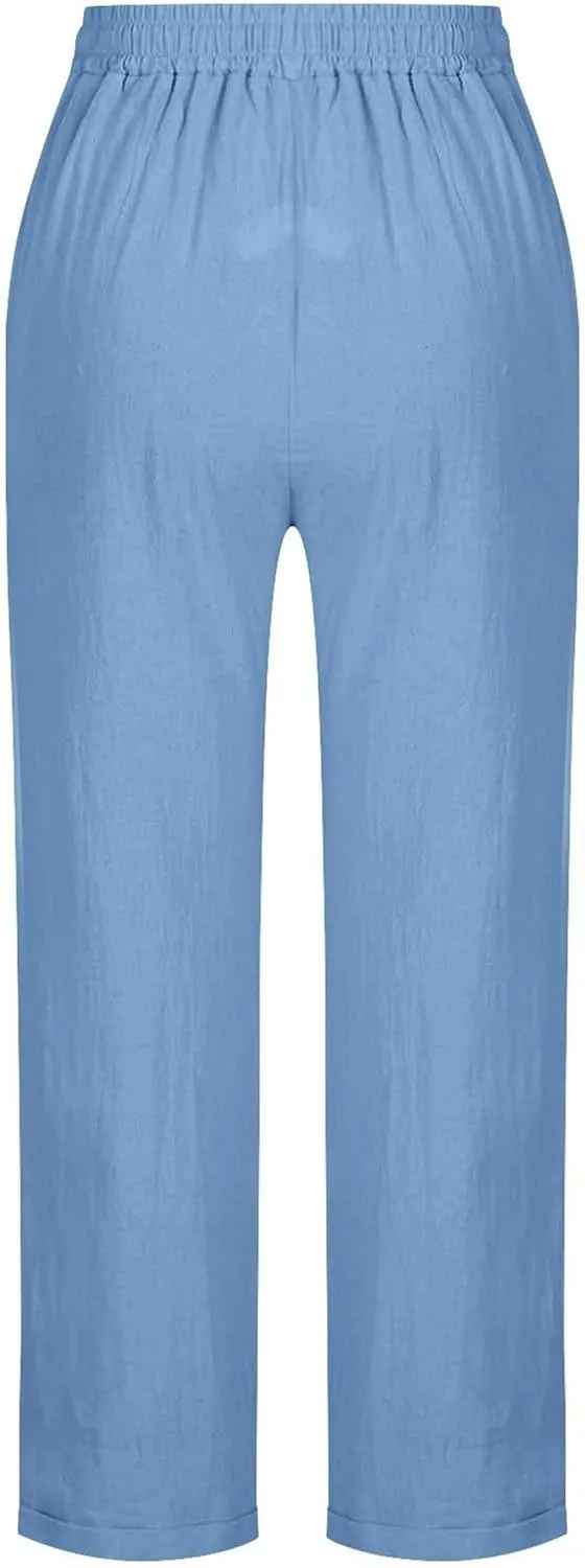 Casual Cotton Linen Pants Women Elastic High Waist Drawstring Tapered Leg Joggers Trousers Summer Beach Lounge Pants