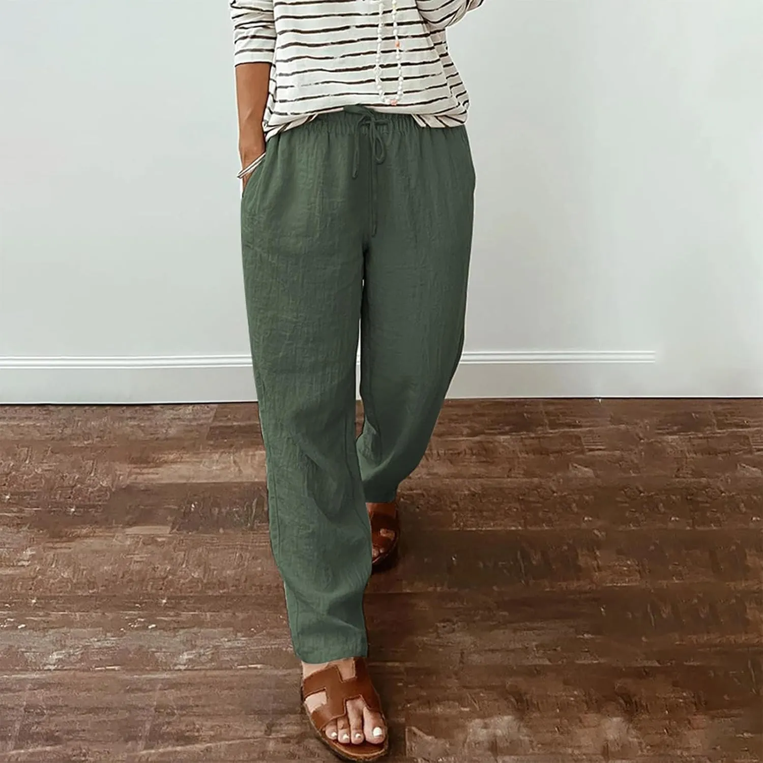 Casual Cotton Linen Pants Women Elastic High Waist Drawstring Tapered Leg Joggers Trousers Summer Beach Lounge Pants