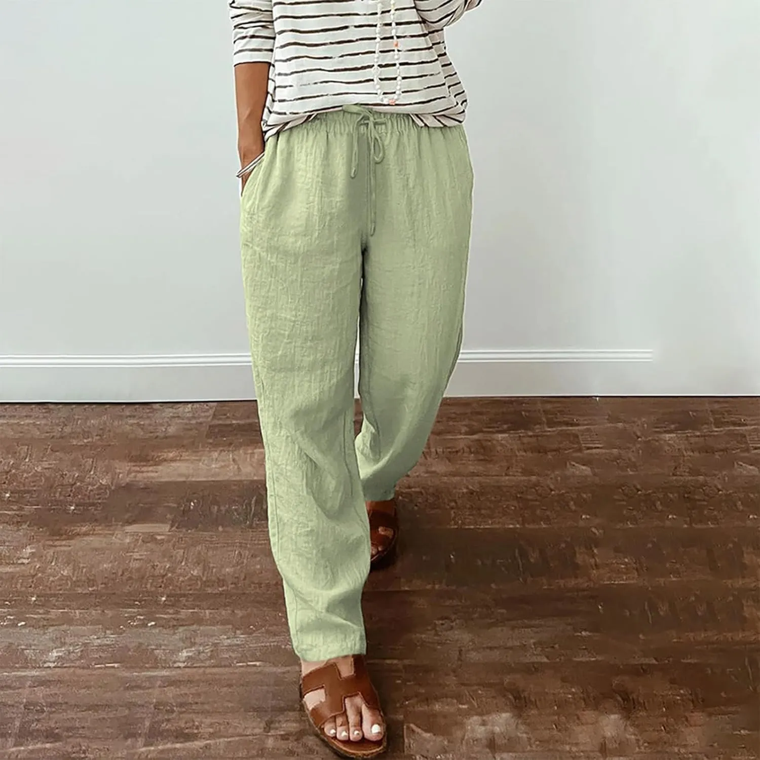 Casual Cotton Linen Pants Women Elastic High Waist Drawstring Tapered Leg Joggers Trousers Summer Beach Lounge Pants