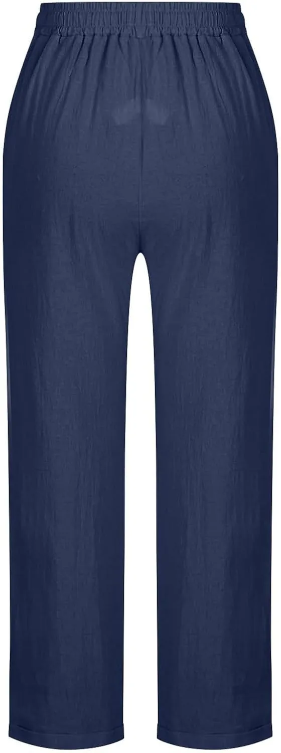 Casual Cotton Linen Pants Women Elastic High Waist Drawstring Tapered Leg Joggers Trousers Summer Beach Lounge Pants