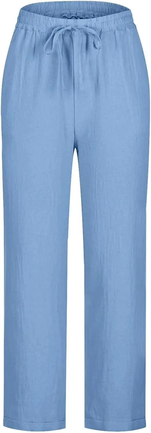Casual Cotton Linen Pants Women Elastic High Waist Drawstring Tapered Leg Joggers Trousers Summer Beach Lounge Pants