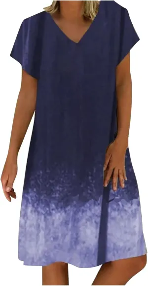 Casual Summer Dresses for Women 2025,Women's Beach Vacation T-Shirt Dress Plus Size V Neck Short Sleeve Midi Dresses