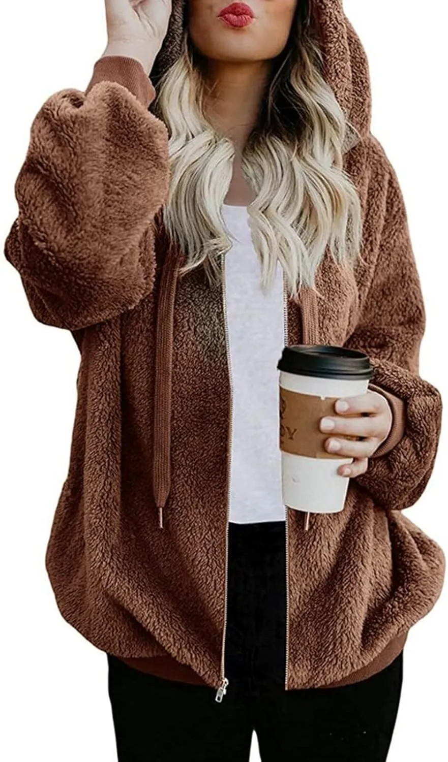 Cdiecer Fluffy Fleece Hoodies Womens Zip Up Sweatshirt Warm Hooded Jacket Oversized Sherpa Coat Outwear with Pockets