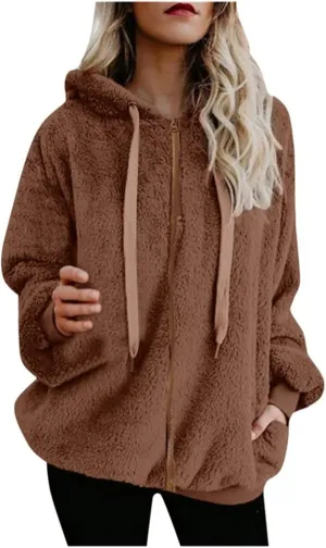 Cdiecer Fluffy Fleece Hoodies Womens Zip Up Sweatshirt Warm Hooded Jacket Oversized Sherpa Coat Outwear with Pockets