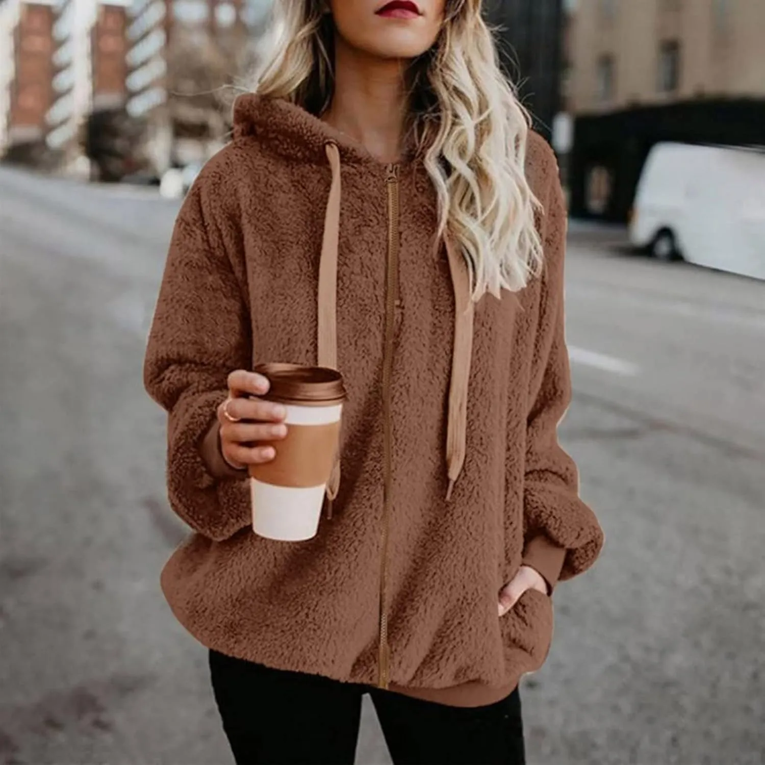 Cdiecer Fluffy Fleece Hoodies Womens Zip Up Sweatshirt Warm Hooded Jacket Oversized Sherpa Coat Outwear with Pockets