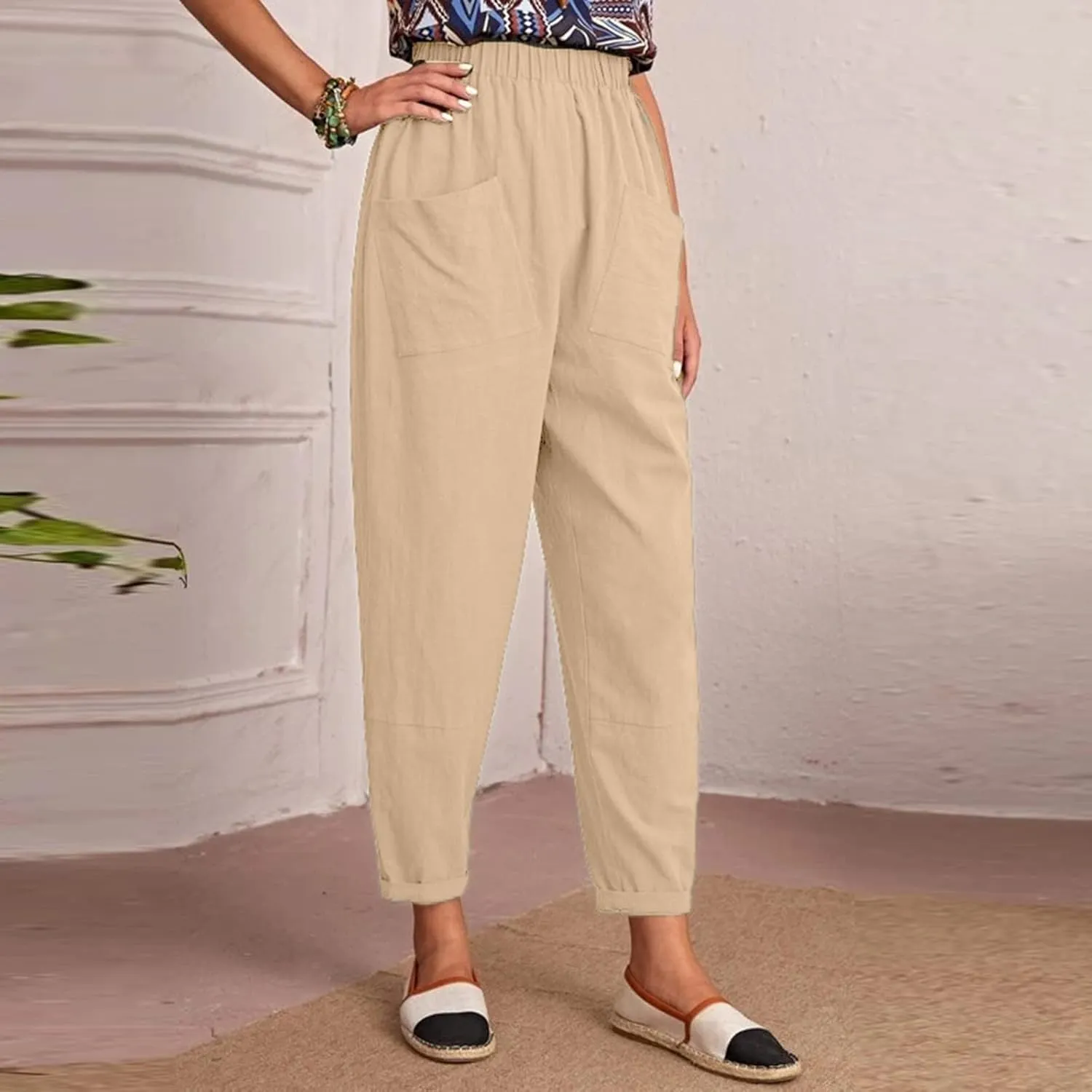 Ceboyel Womens Capri Pants for Summer High Elastic Waist Casual Cropped Pants Loose Lounge Trouser Ladies Trendy Outfits