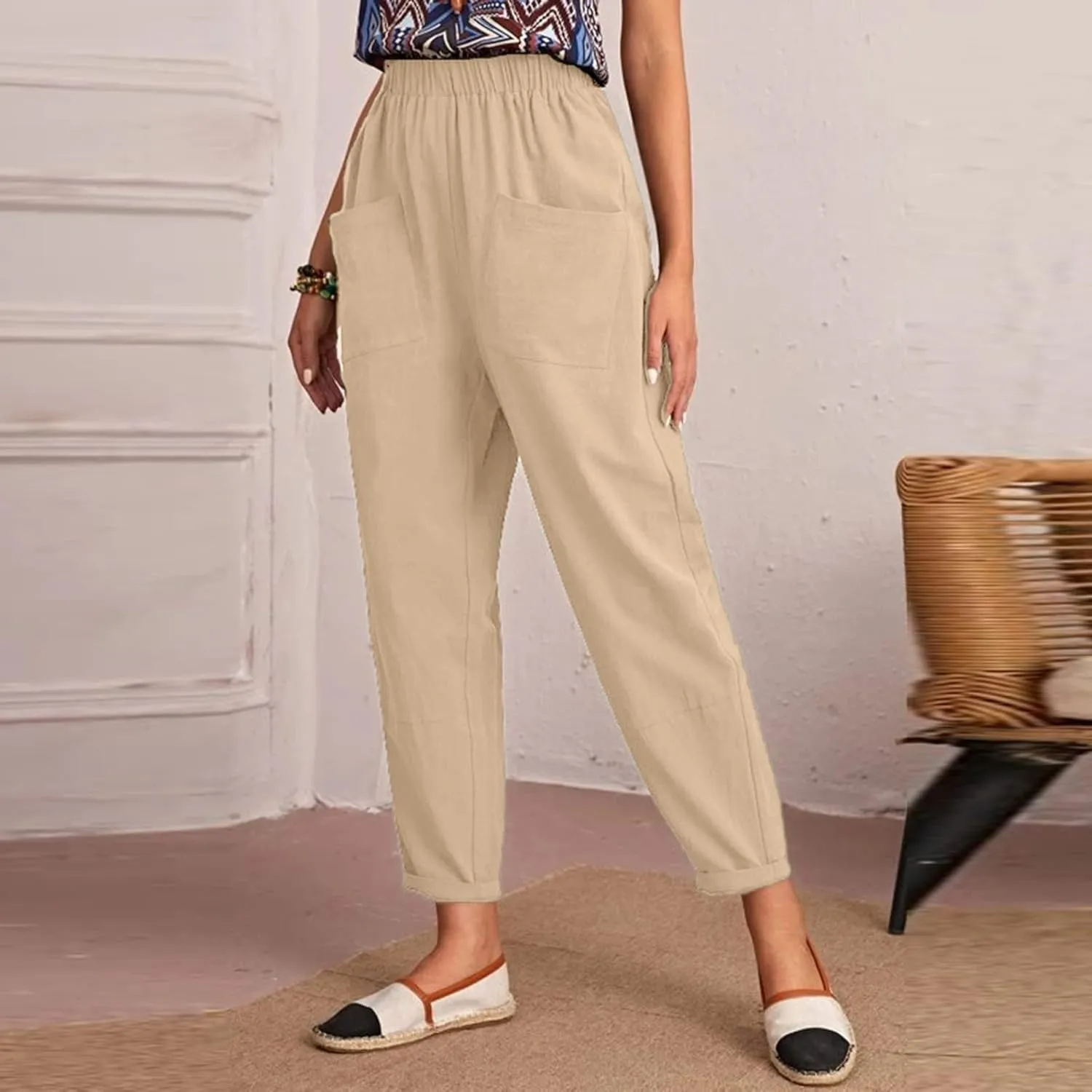Ceboyel Womens Capri Pants for Summer High Elastic Waist Casual Cropped Pants Loose Lounge Trouser Ladies Trendy Outfits