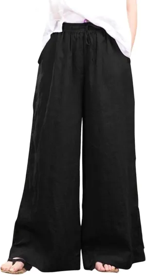CHARTOU Women Cotton Wide Leg Linen Pants Palazzo High Waist Trousers Beach Gaucho Pants Summer Flowy Culottes