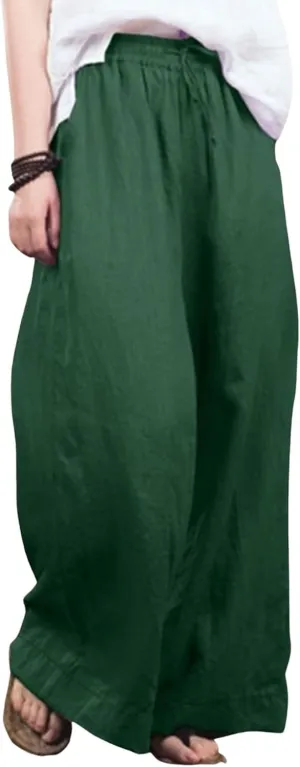 CHARTOU Women Cotton Wide Leg Linen Pants Palazzo High Waist Trousers Beach Gaucho Pants Summer Flowy Culottes