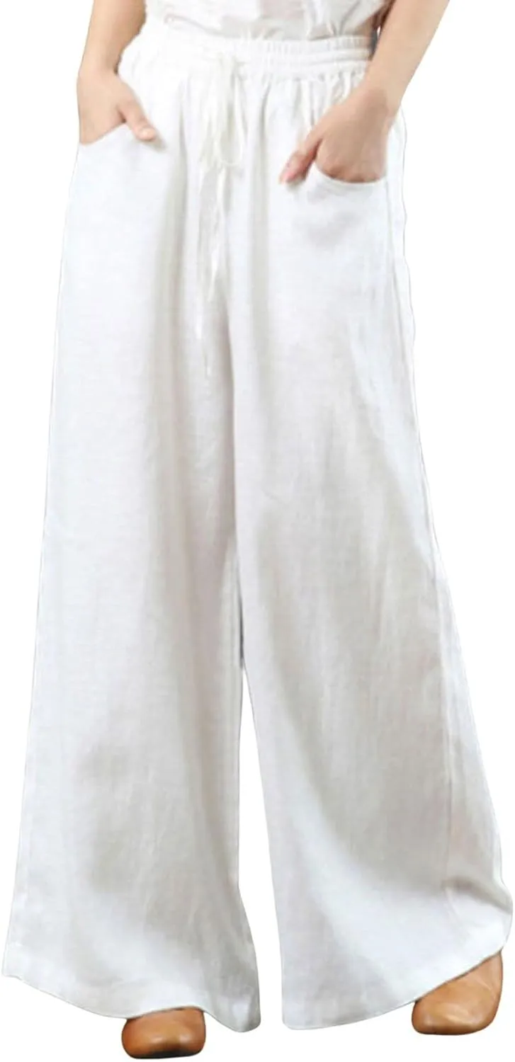 CHARTOU Women Cotton Wide Leg Linen Pants Palazzo High Waist Trousers Beach Gaucho Pants Summer Flowy Culottes