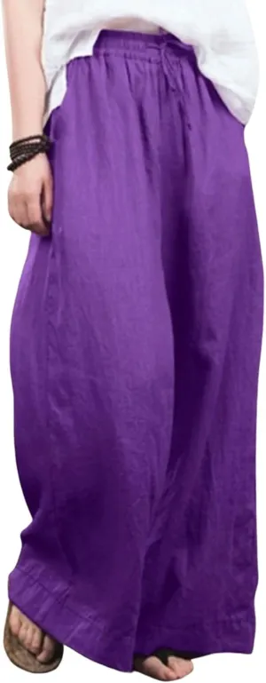 CHARTOU Women Cotton Wide Leg Linen Pants Palazzo High Waist Trousers Beach Gaucho Pants Summer Flowy Culottes