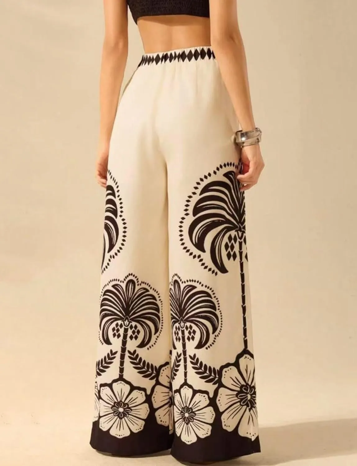 chouyatou Women's Casual Floral Print Wide Leg Beach Palazzo Pants Boho High Elastic Waist Dressy Culottes Trousers