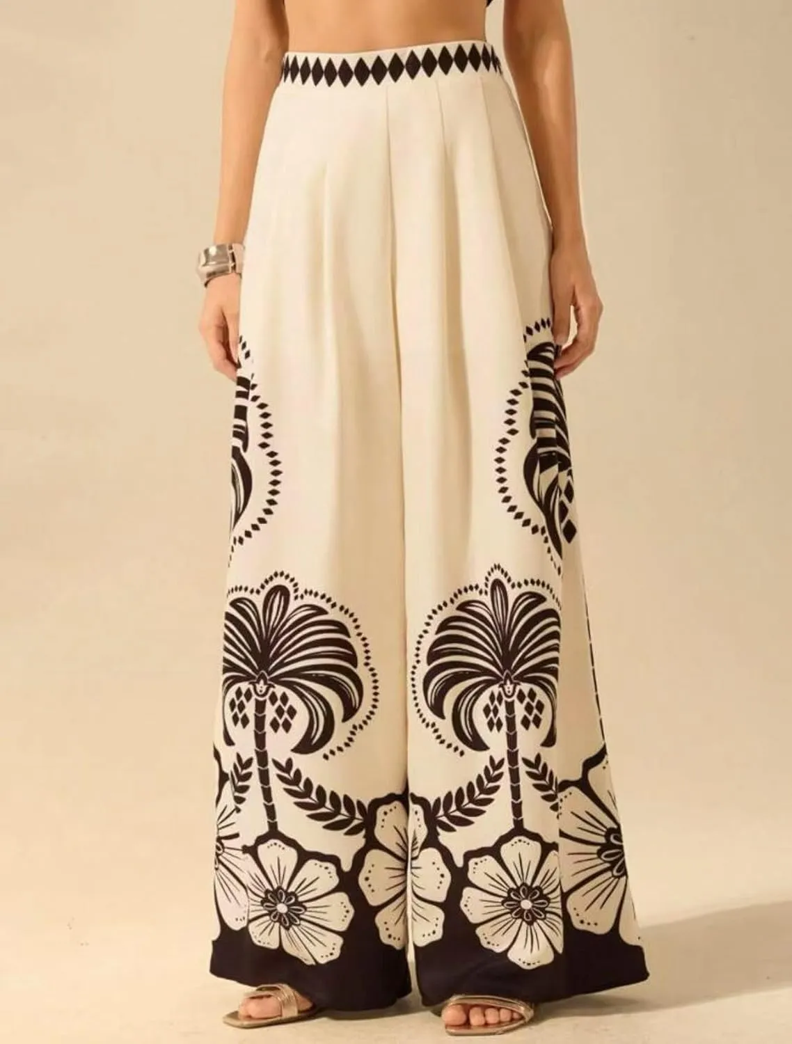 chouyatou Women's Casual Floral Print Wide Leg Beach Palazzo Pants Boho High Elastic Waist Dressy Culottes Trousers