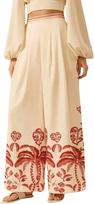 chouyatou Women's Casual Floral Print Wide Leg Beach Palazzo Pants Boho High Elastic Waist Dressy Culottes Trousers