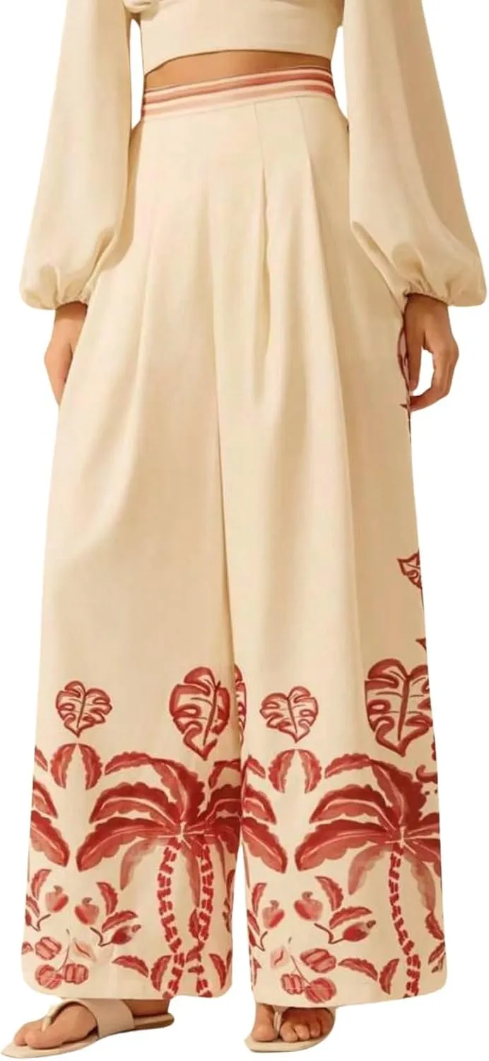 chouyatou Women's Casual Floral Print Wide Leg Beach Palazzo Pants Boho High Elastic Waist Dressy Culottes Trousers