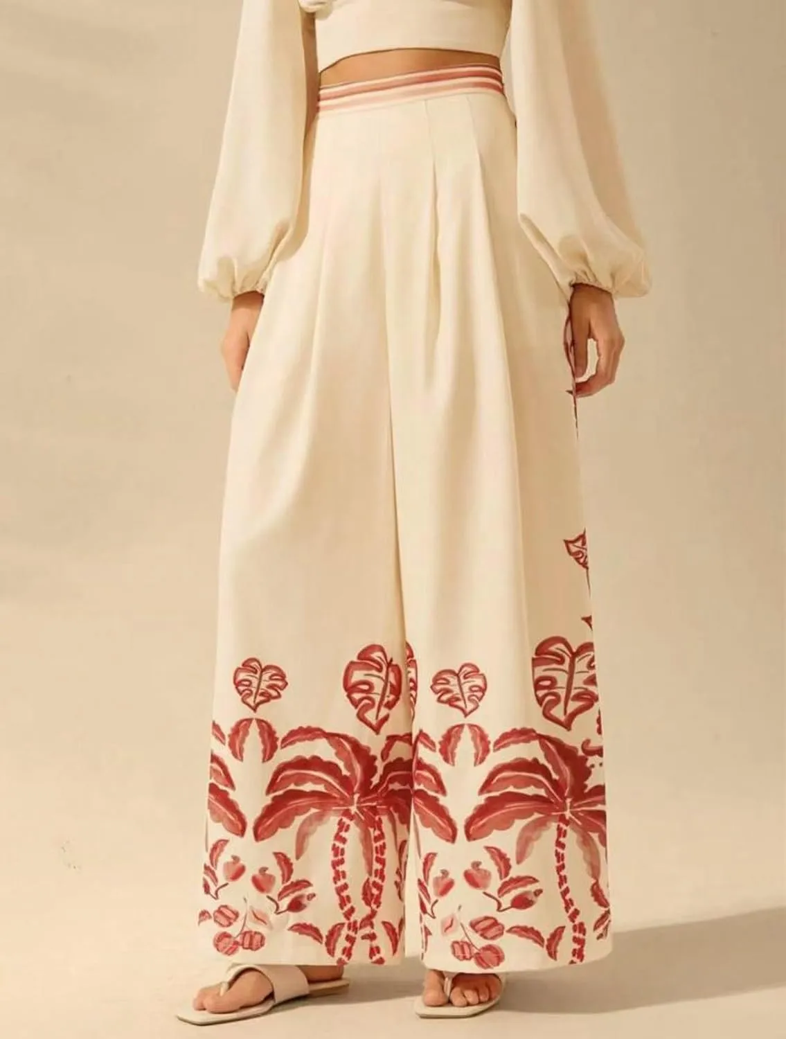 chouyatou Women's Casual Floral Print Wide Leg Beach Palazzo Pants Boho High Elastic Waist Dressy Culottes Trousers