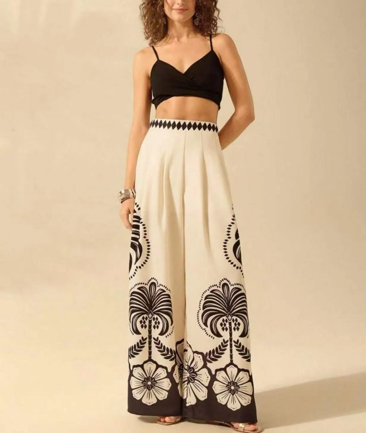 chouyatou Women's Casual Floral Print Wide Leg Beach Palazzo Pants Boho High Elastic Waist Dressy Culottes Trousers