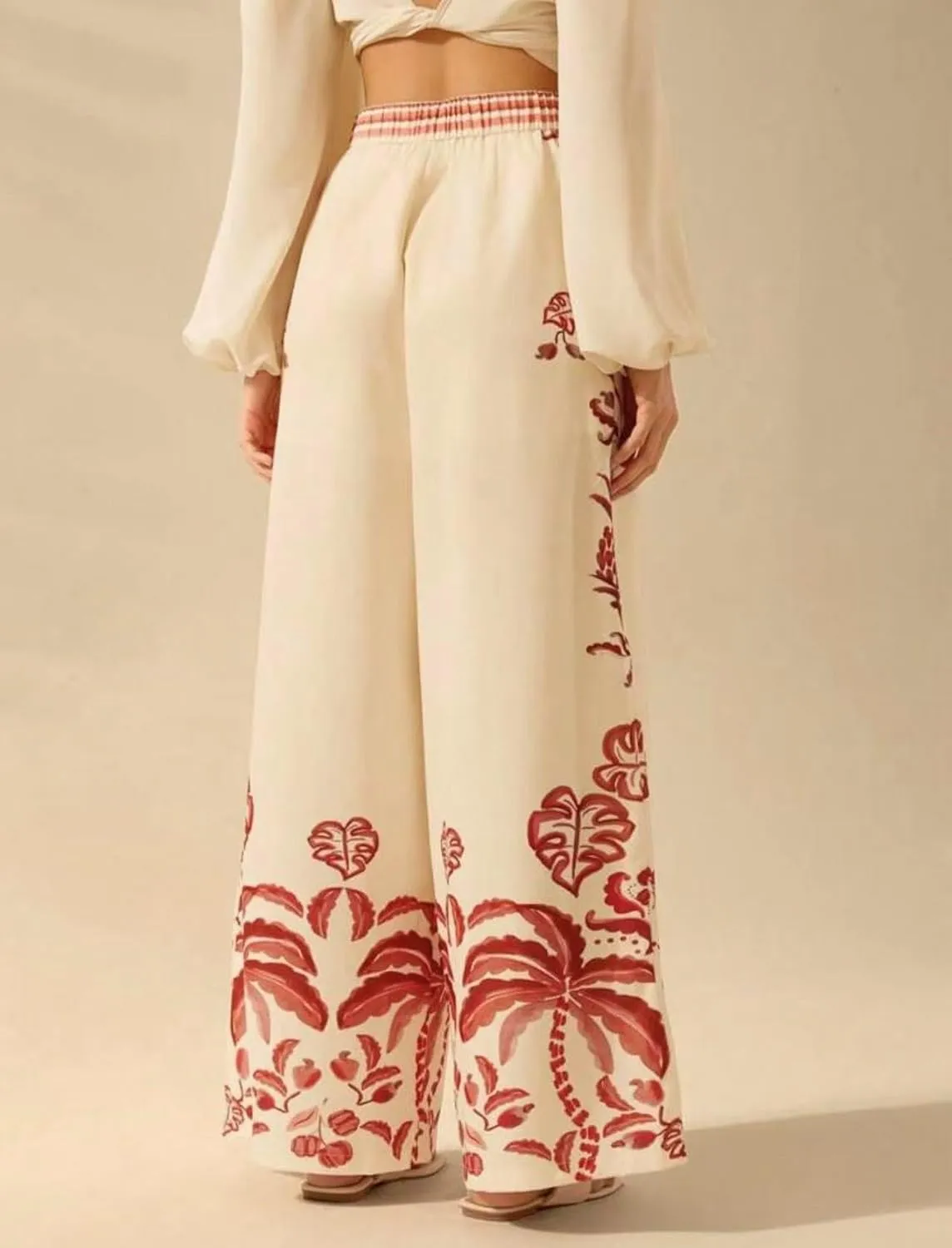 chouyatou Women's Casual Floral Print Wide Leg Beach Palazzo Pants Boho High Elastic Waist Dressy Culottes Trousers