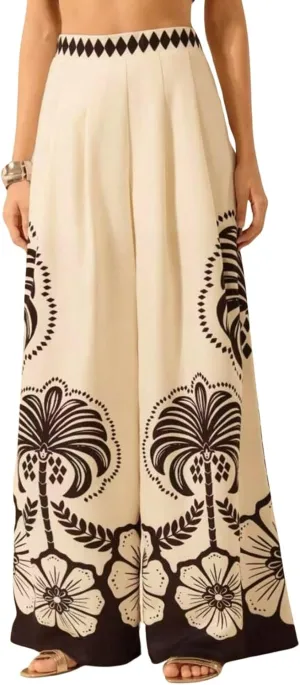 chouyatou Women's Casual Floral Print Wide Leg Beach Palazzo Pants Boho High Elastic Waist Dressy Culottes Trousers
