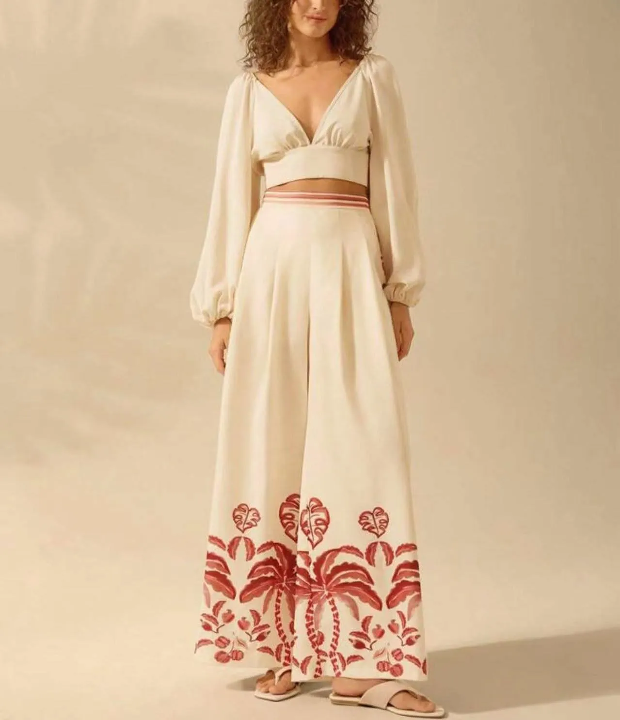 chouyatou Women's Casual Floral Print Wide Leg Beach Palazzo Pants Boho High Elastic Waist Dressy Culottes Trousers