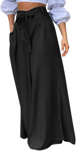 chouyatou Women's Casual Tie Knot Denim Pant High Waist Wide Leg Dressy Jean Pants Palazzo Culottes with Pockets