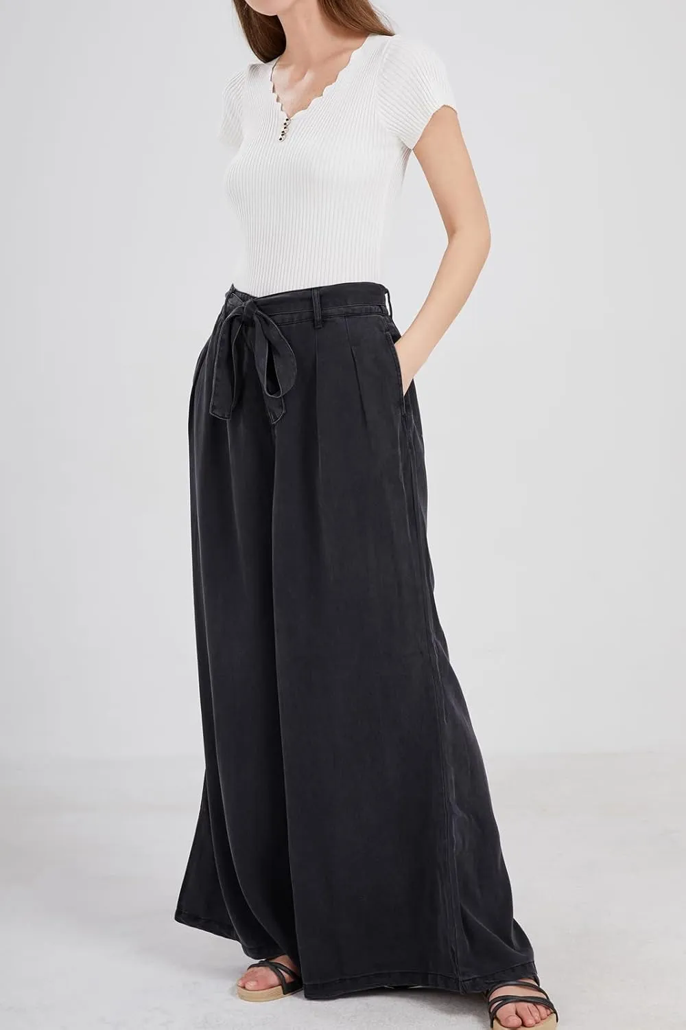 chouyatou Women's Casual Tie Knot Denim Pant High Waist Wide Leg Dressy Jean Pants Palazzo Culottes with Pockets