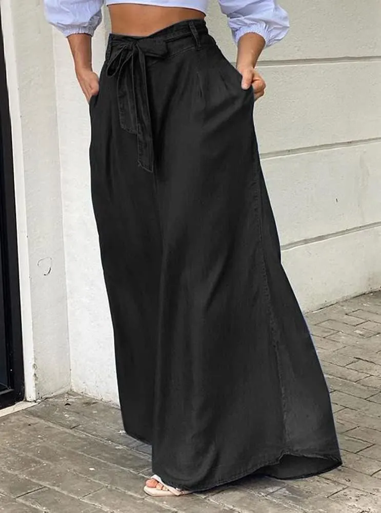 chouyatou Women's Casual Tie Knot Denim Pant High Waist Wide Leg Dressy Jean Pants Palazzo Culottes with Pockets