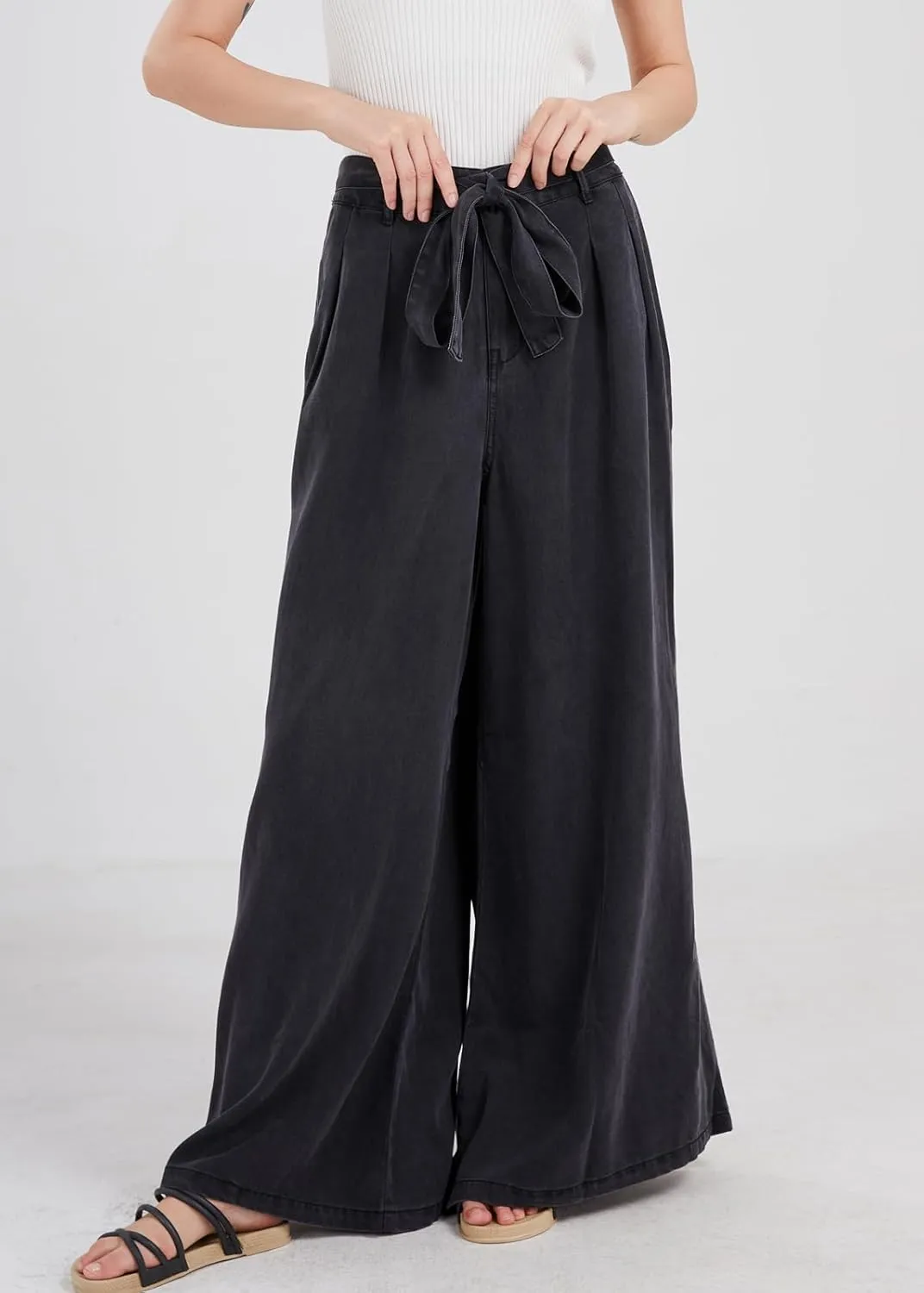 chouyatou Women's Casual Tie Knot Denim Pant High Waist Wide Leg Dressy Jean Pants Palazzo Culottes with Pockets