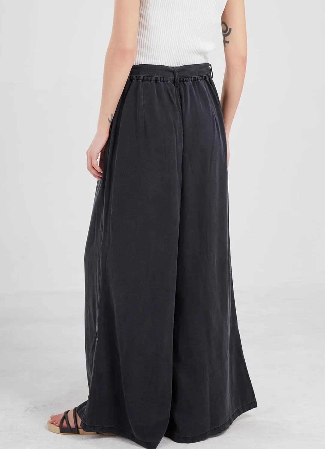 chouyatou Women's Casual Tie Knot Denim Pant High Waist Wide Leg Dressy Jean Pants Palazzo Culottes with Pockets