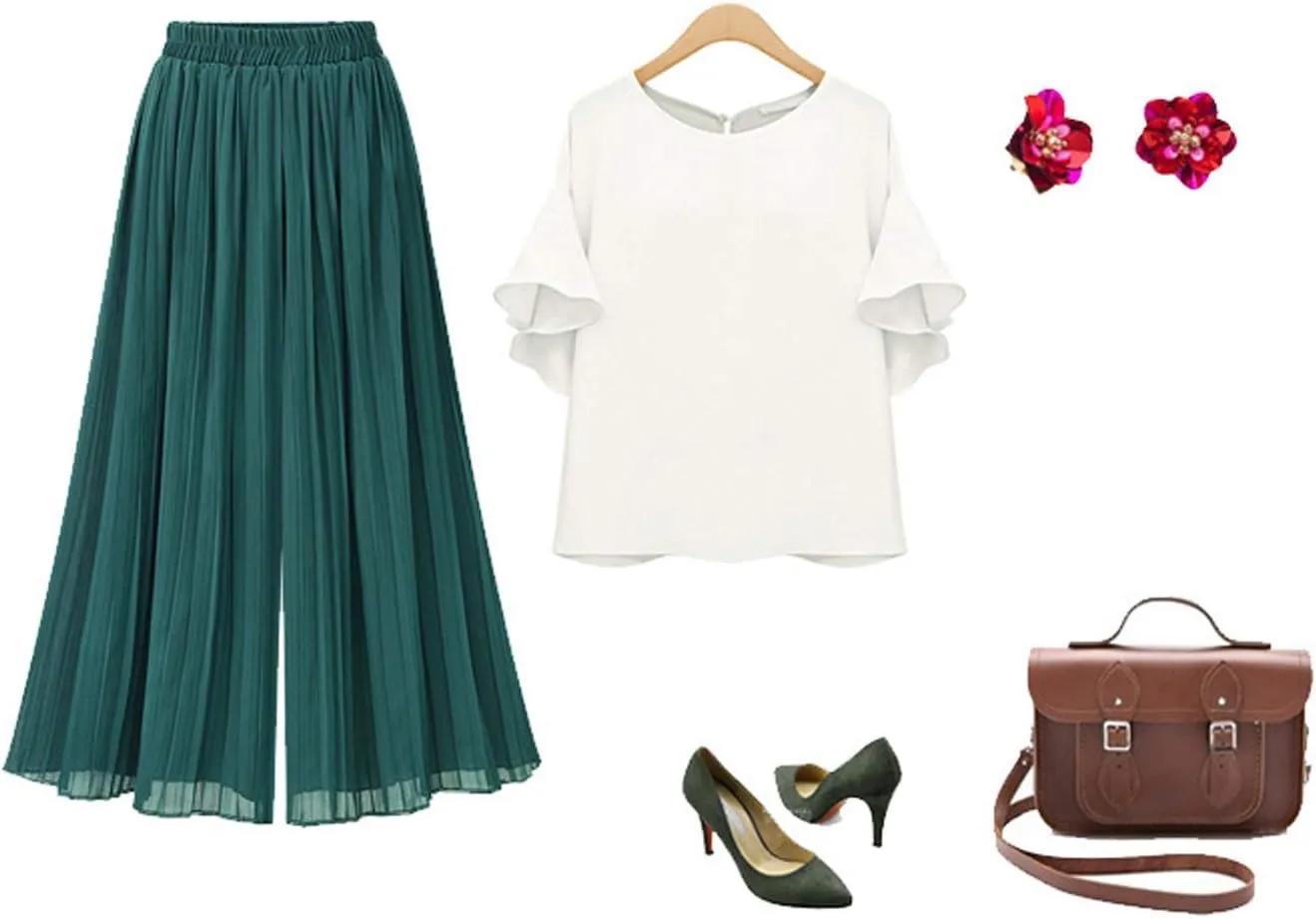 chouyatou Women's Elastic Waist A-Line Pleated Chiffon Cropped Wide Leg Pants Culottes