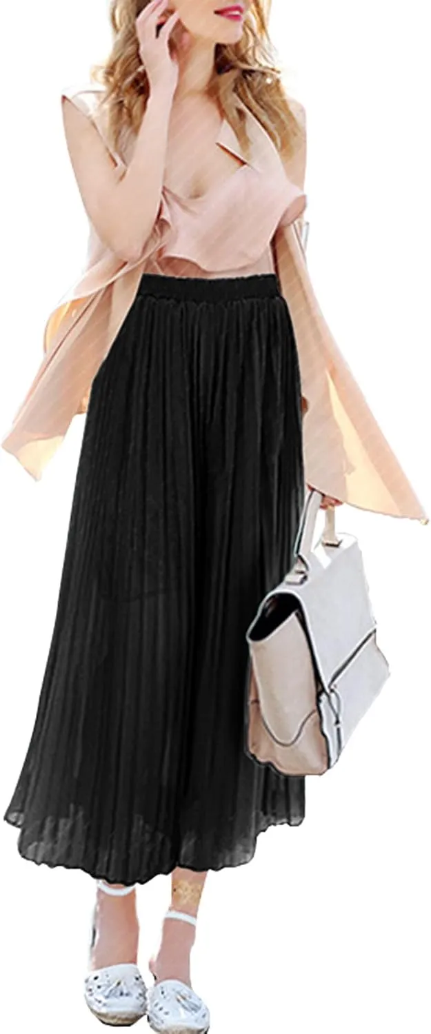 chouyatou Women's Elastic Waist A-Line Pleated Chiffon Cropped Wide Leg Pants Culottes