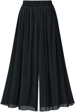 chouyatou Women's Elastic Waist A-Line Pleated Chiffon Cropped Wide Leg Pants Culottes
