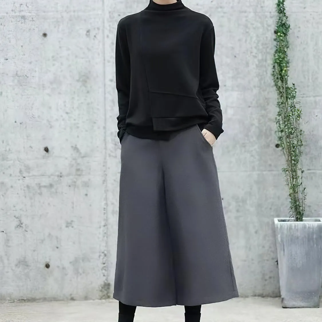 chouyatou Women's Fall Wool Blend Culottes Capri Cropped Pants Elastic High Waist Wide Leg Palazzo Trouser